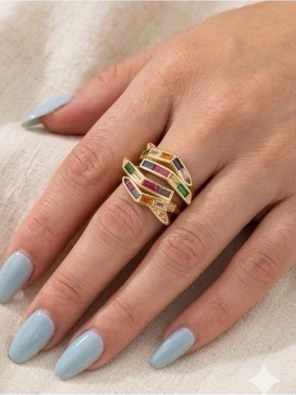 Multicolor Baguette Stackable Gold Ring - Picture 5 of 6